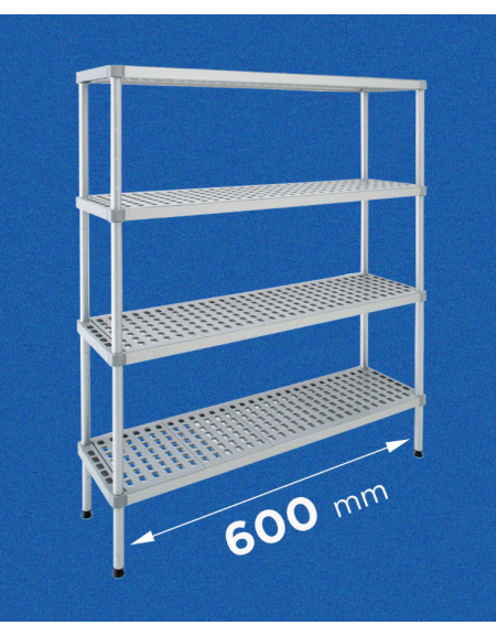 Scaffale per alimenti con montanti in alluminio e 4 ripiani forati in polietilene - cm 60x40x180h - Portata Kg 270 per piano