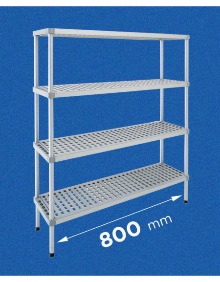 Scaffale per alimenti con montanti in alluminio e 4 ripiani forati in polietilene - cm 80x40x180h - Portata Kg 270 per piano