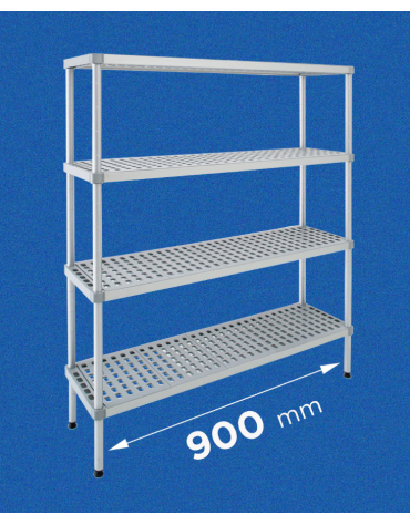 Scaffale per alimenti con montanti in alluminio e 4 ripiani forati in polietilene - cm 90x40x180h - Portata Kg 270 per piano