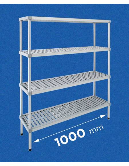 Scaffale per alimenti con montanti in alluminio e 4 ripiani forati in polietilene - cm 100x40x180h - Portata Kg 270 per piano