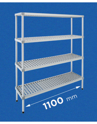 Scaffale per alimenti con montanti in alluminio e 4 ripiani forati in polietilene - cm 110x40x180h - Portata Kg 200 per piano
