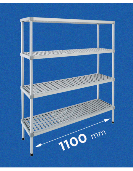 Scaffale per alimenti con montanti in alluminio e 4 ripiani forati in polietilene - cm 110x40x180h - Portata Kg 200 per piano