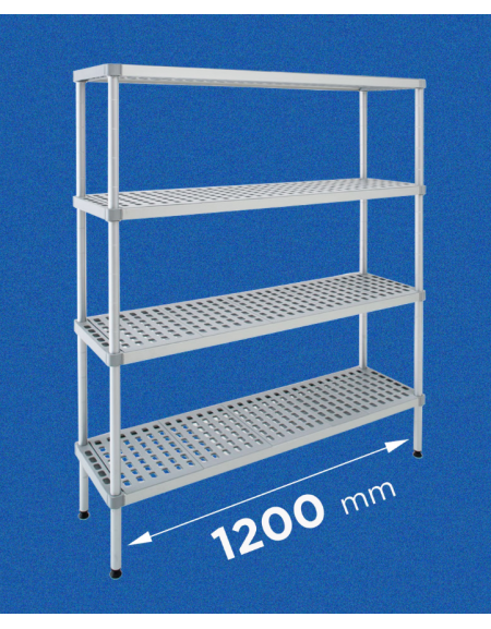 Scaffale per alimenti con montanti in alluminio e 4 ripiani forati in polietilene - cm 120x40x180h - Portata Kg 200 per piano