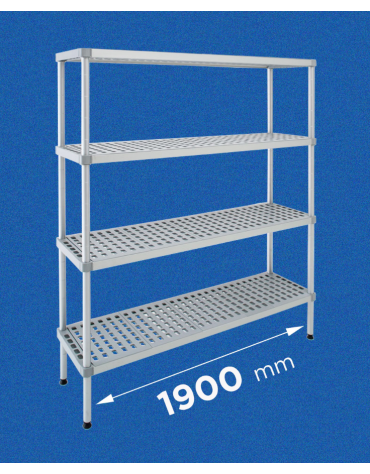 Scaffale per alimenti con montanti in alluminio e 4 ripiani forati in polietilene - cm 190x40x180h - Portata Kg 150 per piano