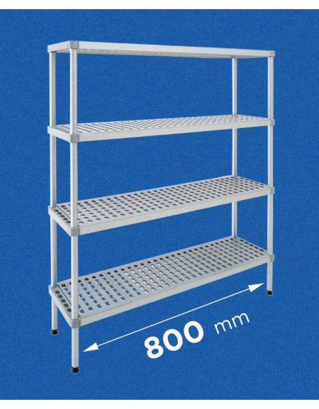 Scaffale per alimenti con montanti in alluminio e 4 ripiani forati in polietilene - cm 80x40x200h - Portata Kg 270 per piano