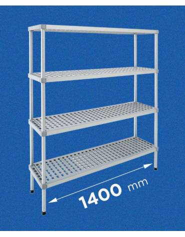 Scaffale per alimenti con montanti in alluminio e 4 ripiani forati in polietilene - cm 140x40x200h - Portata Kg 200 per piano