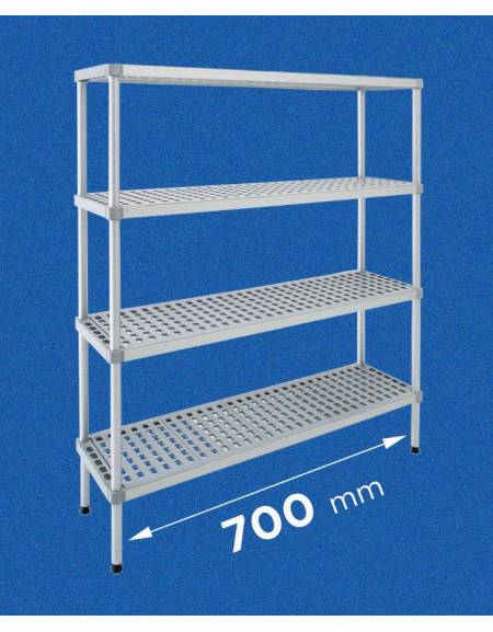 Scaffale per alimenti con montanti in alluminio e 4 ripiani forati in polietilene - cm 70x50x160h - Portata Kg 270 per piano