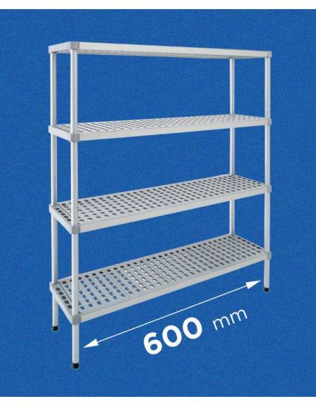 Scaffale per alimenti con montanti in alluminio e 4 ripiani forati in polietilene - cm 60x50x200h - Portata Kg 270 per piano