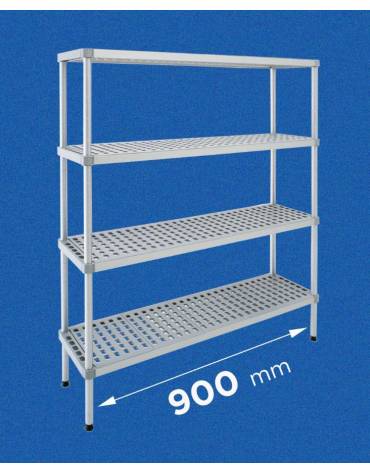 Scaffale per alimenti con montanti in alluminio e 4 ripiani forati in polietilene - cm 90x50x200h - Portata Kg 270 per piano