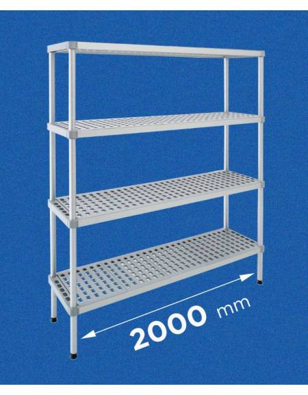 Scaffale per alimenti con montanti in alluminio e 4 ripiani forati in polietilene - cm 200x50x200h - Portata Kg 150 per piano