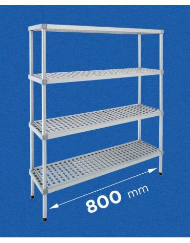 Scaffale per alimenti con montanti in alluminio e 4 ripiani forati in polietilene - cm 80x60x160h - Portata Kg 270 per piano