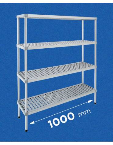 Scaffale per alimenti con montanti in alluminio e 4 ripiani forati in polietilene - cm 100x60x160h - Portata Kg 270 per piano