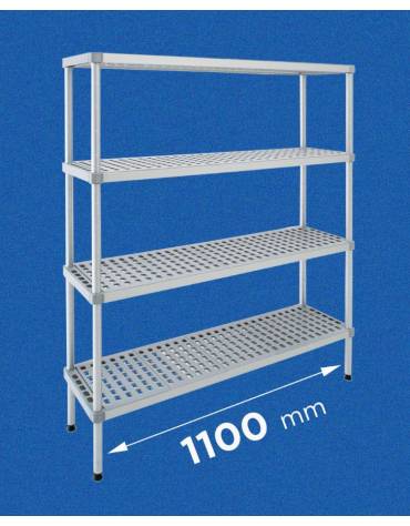 Scaffale per alimenti con montanti in alluminio e 4 ripiani forati in polietilene - cm 110x60x180h - Portata Kg 200 per piano