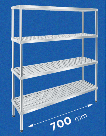 Scaffale per alimenti con montanti in acciaio inox e 4 ripiani forati in polietilene - cm 70x30x160h - Portata Kg 150 per piano