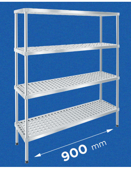 Scaffale per alimenti con montanti in acciaio inox e 4 ripiani forati in polietilene - cm 90x30x160h - Portata Kg 150 per piano