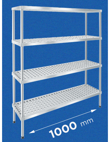 Scaffale per alimenti con montanti in acciaio inox e 4 ripiani forati in polietilene - cm 100x30x160h - Portata Kg 150 per piano