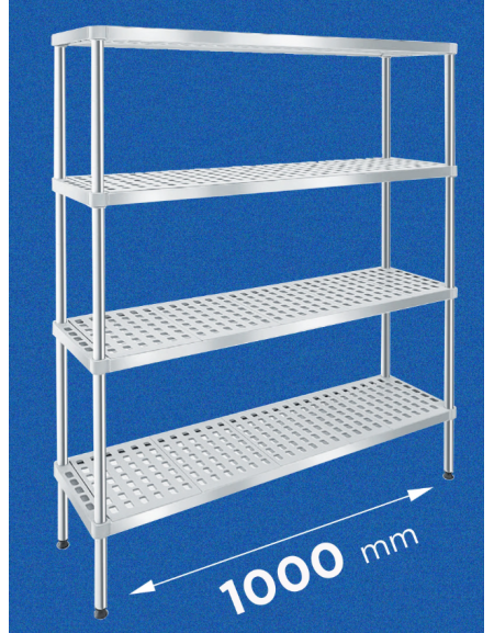 Scaffale per alimenti con montanti in acciaio inox e 4 ripiani forati in polietilene - cm 100x30x160h - Portata Kg 150 per piano