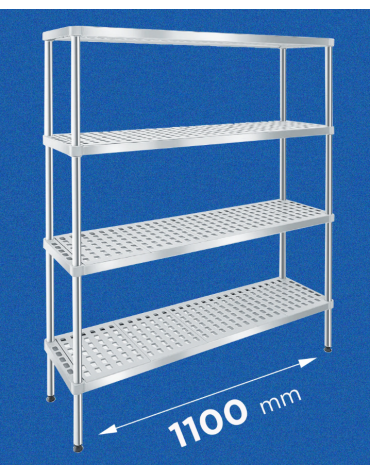 Scaffale per alimenti con montanti in acciaio inox e 4 ripiani forati in polietilene - cm 110x30x160h - Portata Kg 150 per piano