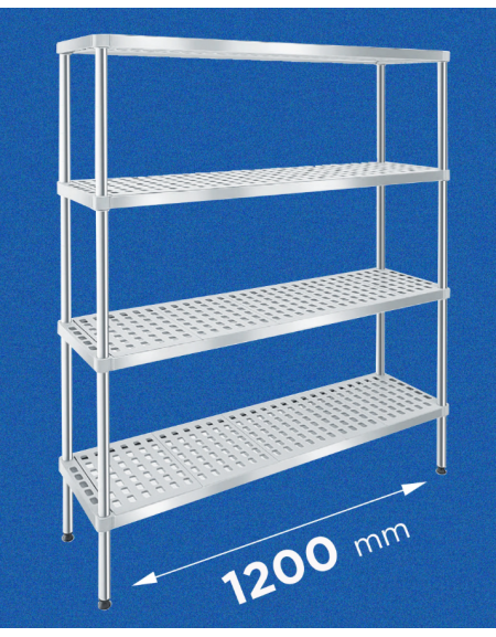 Scaffale per alimenti con montanti in acciaio inox e 4 ripiani forati in polietilene - cm 120x30x160h - Portata Kg 150 per piano