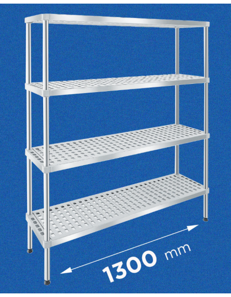 Scaffale per alimenti con montanti in acciaio inox e 4 ripiani forati in polietilene - cm 130x30x160h - Portata Kg 150 per piano