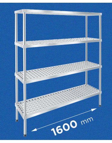 Scaffale per alimenti con montanti in acciaio inox e 4 ripiani forati in polietilene - cm 160x30x160h - Portata Kg 150 per piano