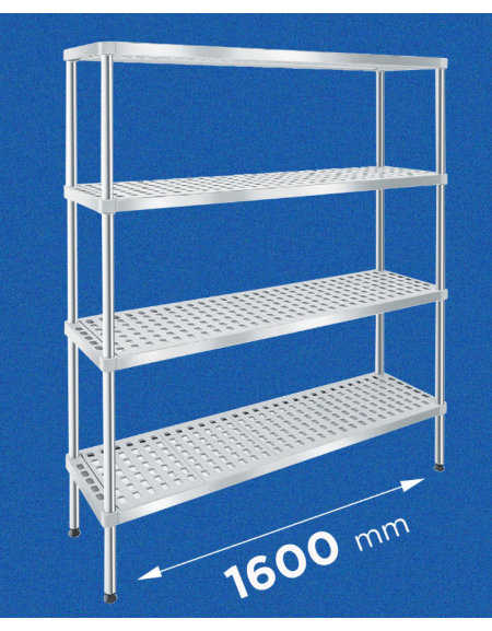 Scaffale per alimenti con montanti in acciaio inox e 4 ripiani forati in polietilene - cm 160x30x160h - Portata Kg 150 per piano