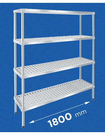 Scaffale per alimenti con montanti in acciaio inox e 4 ripiani forati in polietilene - cm 180x30x160h - Portata Kg 150 per piano