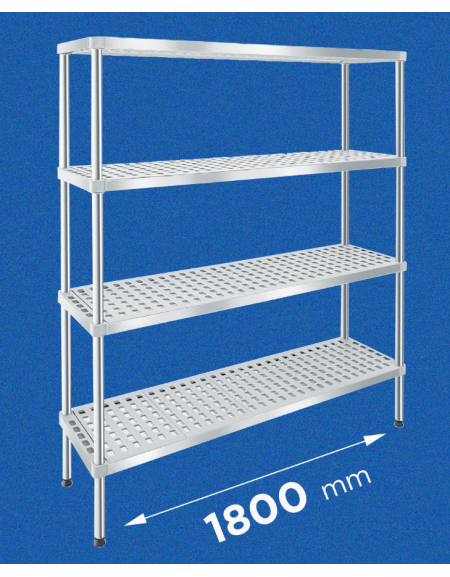 Scaffale per alimenti con montanti in acciaio inox e 4 ripiani forati in polietilene - cm 180x30x160h - Portata Kg 150 per piano