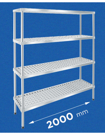 Scaffale per alimenti con montanti in acciaio inox e 4 ripiani forati in polietilene - cm 200x30x160h - Portata Kg 150 per piano