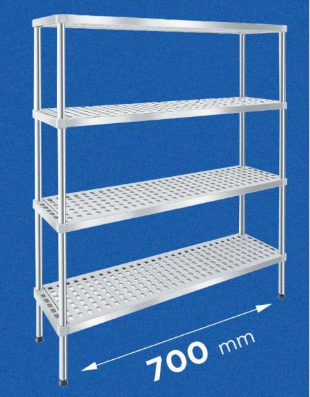 Scaffale per alimenti con montanti in acciaio inox e 4 ripiani forati in polietilene - cm 70x50x160h - Portata Kg 150 per piano