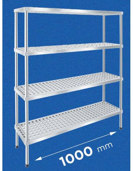Scaffale per alimenti con montanti in acciaio inox e 4 ripiani forati in polietilene - cm 100x50x160h - Portata Kg 150 per piano