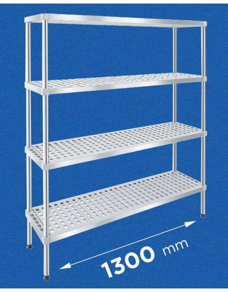 Scaffale per alimenti con montanti in acciaio inox e 4 ripiani forati in polietilene - cm 130x50x160h - Portata Kg 150 per piano