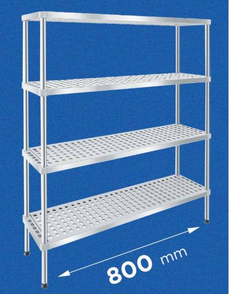 Scaffale per alimenti con montanti in acciaio inox e 4 ripiani forati in polietilene - cm 80x30x180h - Portata Kg 150 per piano