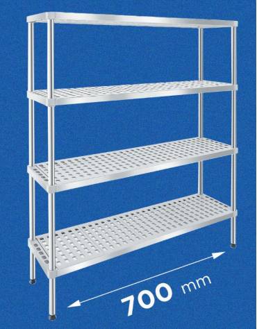 Scaffale per alimenti con montanti in acciaio inox e 4 ripiani forati in polietilene - cm 70x50x180h - Portata Kg 150 per piano