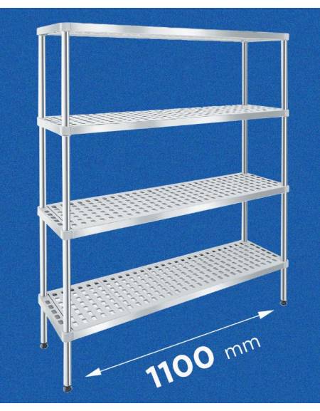 Scaffale per alimenti con montanti in acciaio inox e 4 ripiani forati in polietilene - cm 110x30x200h - Portata Kg 150 per piano