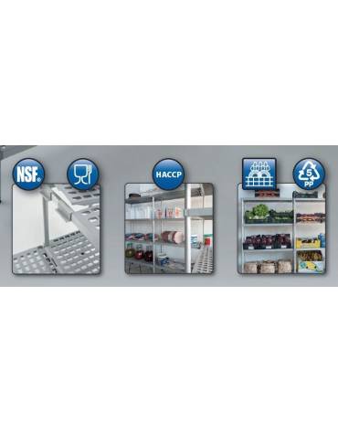 Scaffale per alimenti con montanti in acciaio inox e 4 ripiani forati in polietilene - cm 140x30x200h - Portata Kg 150 per piano