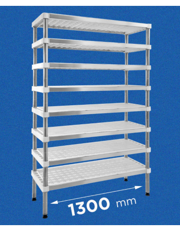 Scaffale per stagionatura formaggi con montanti in acciaio inox e 4 ripiani microforati in polietilene - cm 130x40x160h
