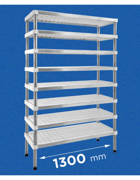 Scaffale per stagionatura formaggi con montanti in acciaio inox e ripiani microforati in polietilene - cm 130x40x160h