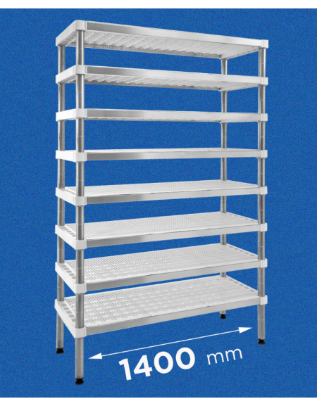 Scaffale per stagionatura formaggi con montanti in acciaio inox e ripiani microforati in polietilene - cm 140x40x160h