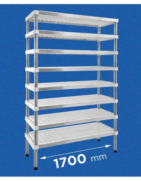 Scaffale per stagionatura formaggi con montanti in acciaio inox e ripiani microforati in polietilene - cm 170x40x160h