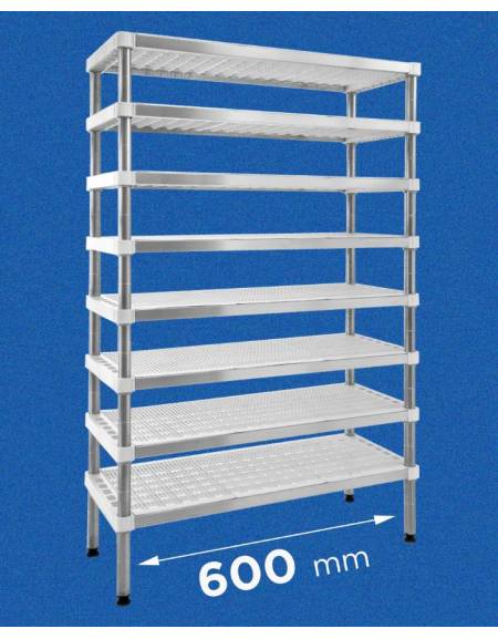 Scaffale per stagionatura formaggi con montanti in acciaio inox e ripiani microforati in polietilene - cm 60x40x180h