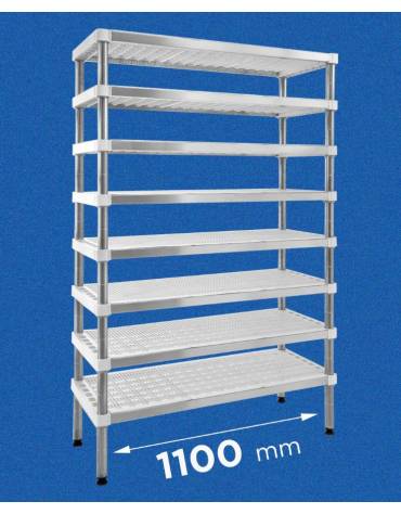 Scaffale per stagionatura formaggi con montanti in acciaio inox e 4 ripiani microforati in polietilene - cm 110x40x200h