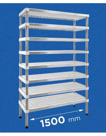 Scaffale per stagionatura formaggi con montanti in acciaio inox e ripiani microforati in polietilene - cm 150x40x200h