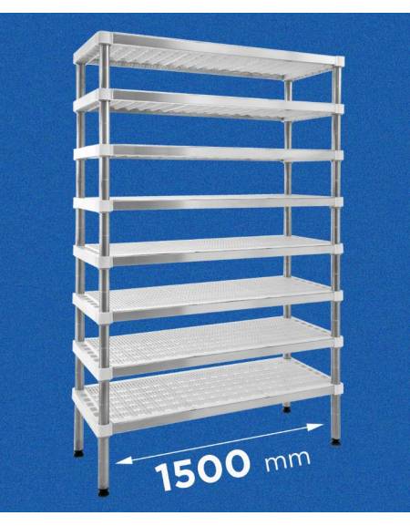 Scaffale per stagionatura formaggi con montanti in acciaio inox e ripiani microforati in polietilene - cm 150x40x200h