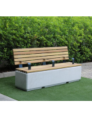 Panchina monoblocco, in graniglia di marmo, seduta e schienale con doghe in legno di pino - cm 200x65,2x95,7h