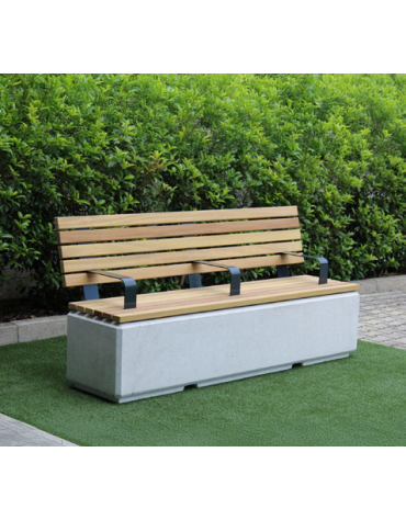 Panchina monoblocco, in graniglia di marmo, seduta e schienale con doghe in legno di pino - cm 200x65,2x95,7h