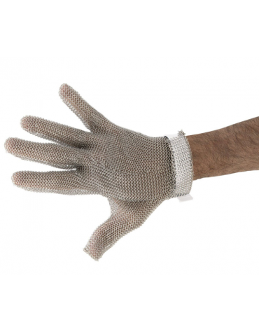 Guanto antitaglio in cotta di maglia in acciaio inox – taglia S, diametro anelli mm 4, cinturino in nylon bianco