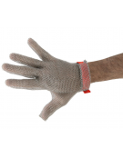 Guanto antitaglio in cotta di maglia in acciaio inox – taglia M, diametro anelli mm 4, cinturino in nylon rosso