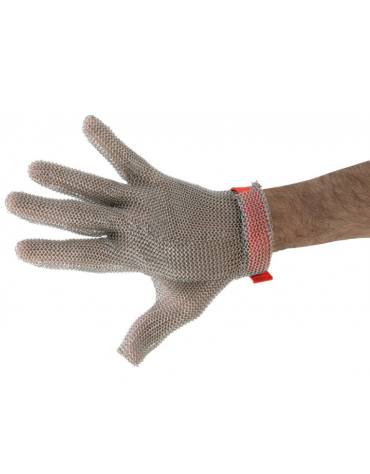 Guanto antitaglio in cotta di maglia in acciaio inox – taglia M, diametro anelli mm 4, cinturino in nylon rosso