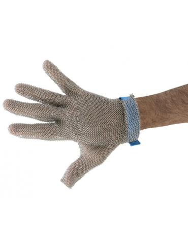 Guanto antitaglio in cotta di maglia in acciaio inox – taglia L, diametro anelli mm 4, cinturino in nylon blu